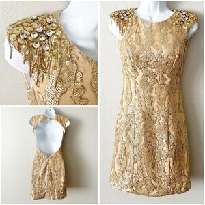 Camille La Vie Gold Sequin Beaded Embellished Open Back Party Mini Dress Size 2